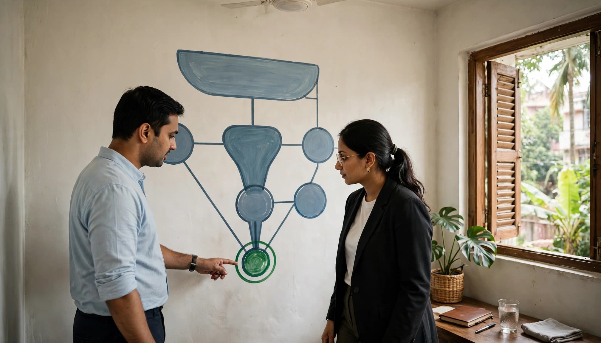 A business owner and consultant discuss a funnel diagram in a small meeting room.