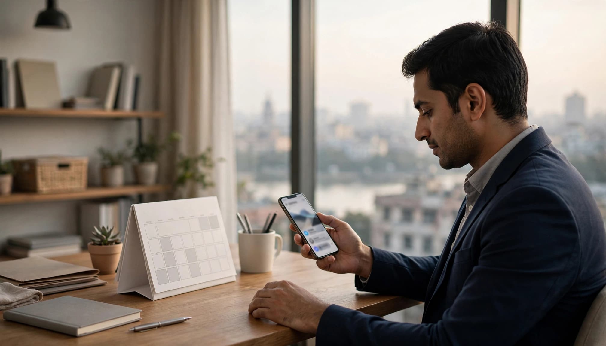 A professional checks a phone beside a paper calendar in a city-view office.