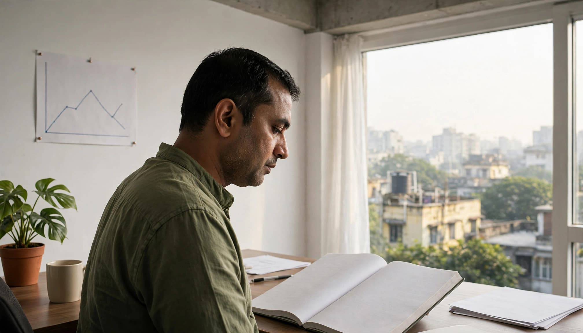 A seated business owner reviews a printed ledger beside a wall chart in a bright Kolkata office.