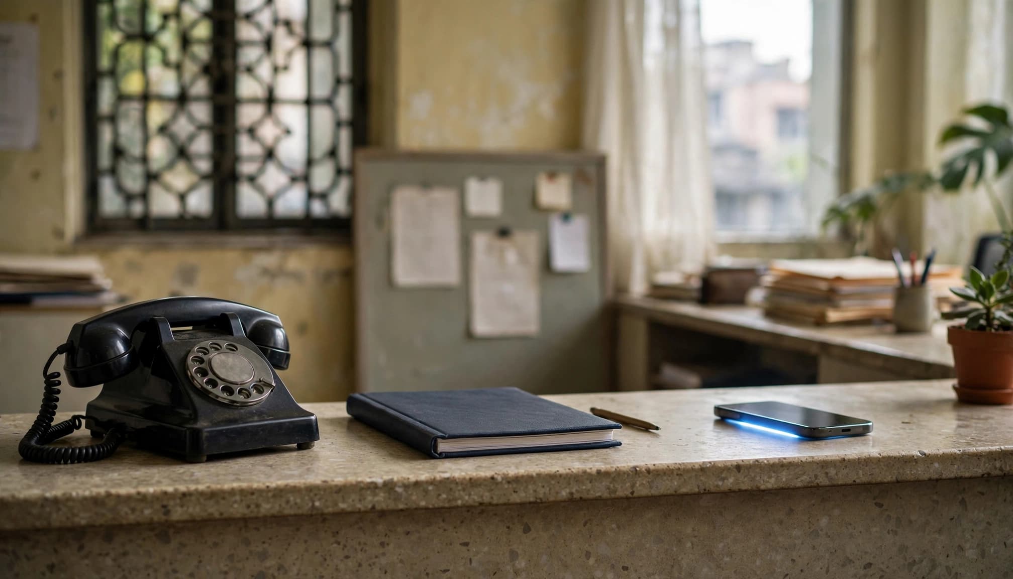 A ringing desk phone and appointment book sit on an empty reception counter beside a glowing phone screen.