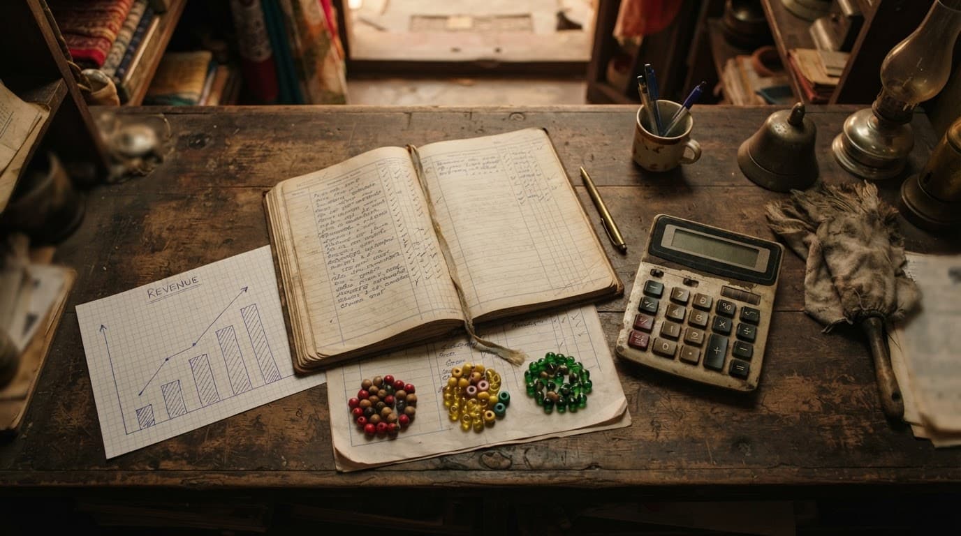 A sales ledger, calculator, colored tokens, and rising chart on a wooden counter.