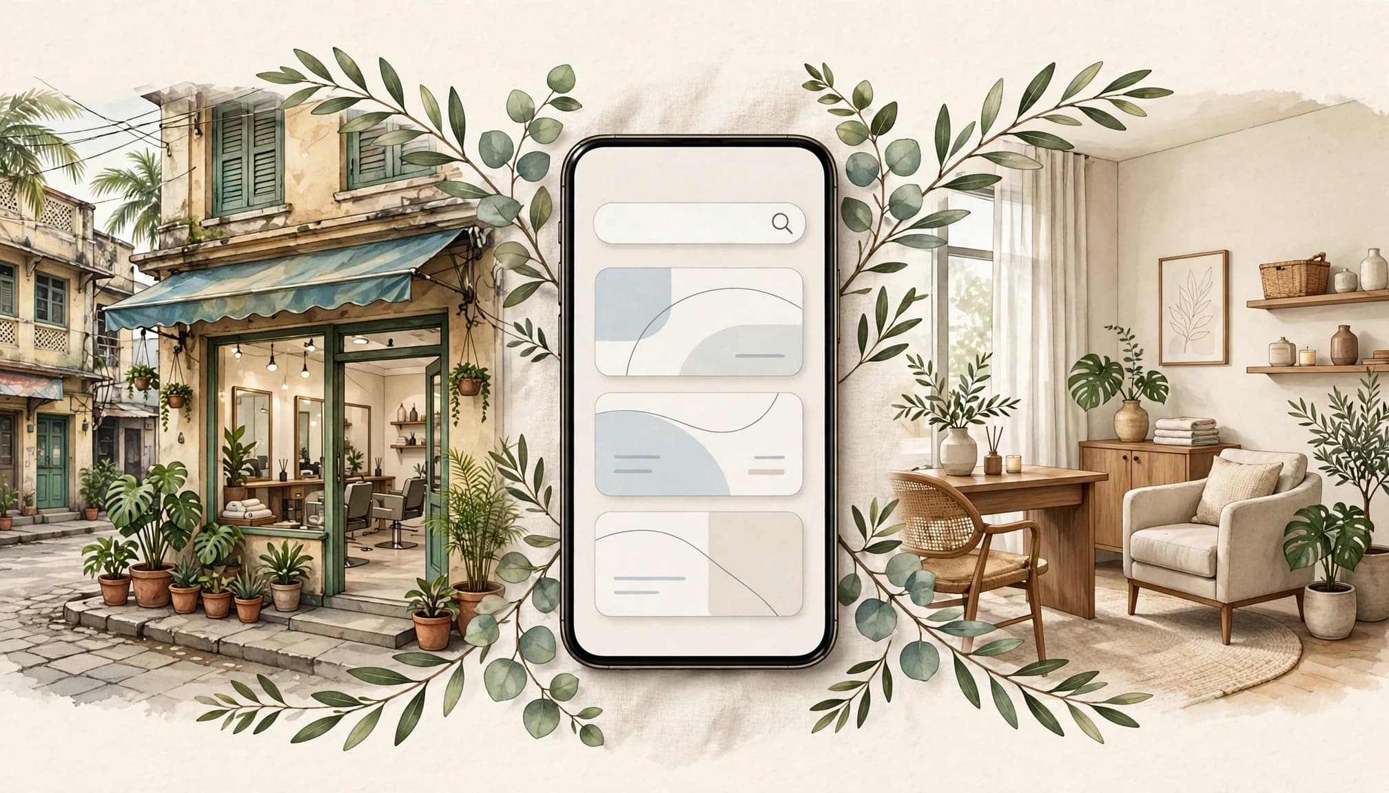 A salon storefront, abstract search screen, and welcoming consultation room appear in three connected scenes.
