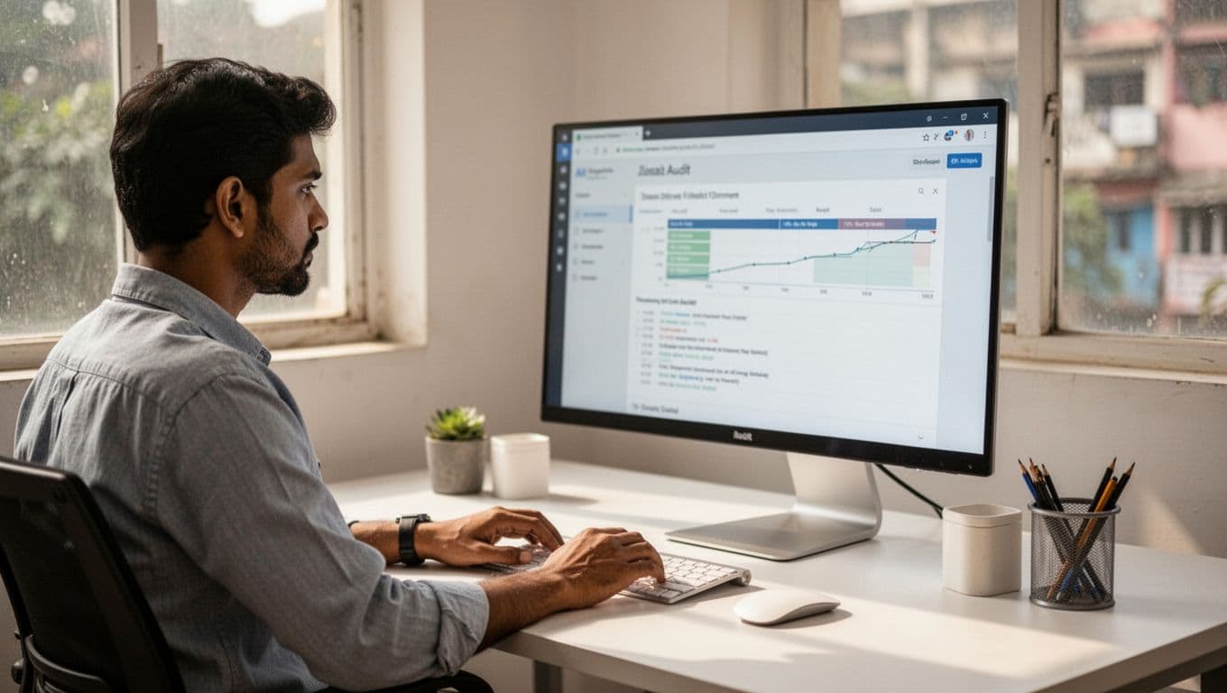 A business owner reviews a blurred SEO audit on one monitor in a bright office.