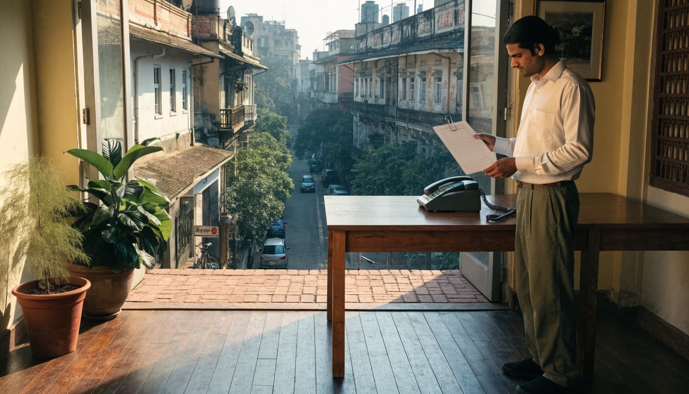 A business owner studies a visual summary beside a blank card and phone near a sunny window.