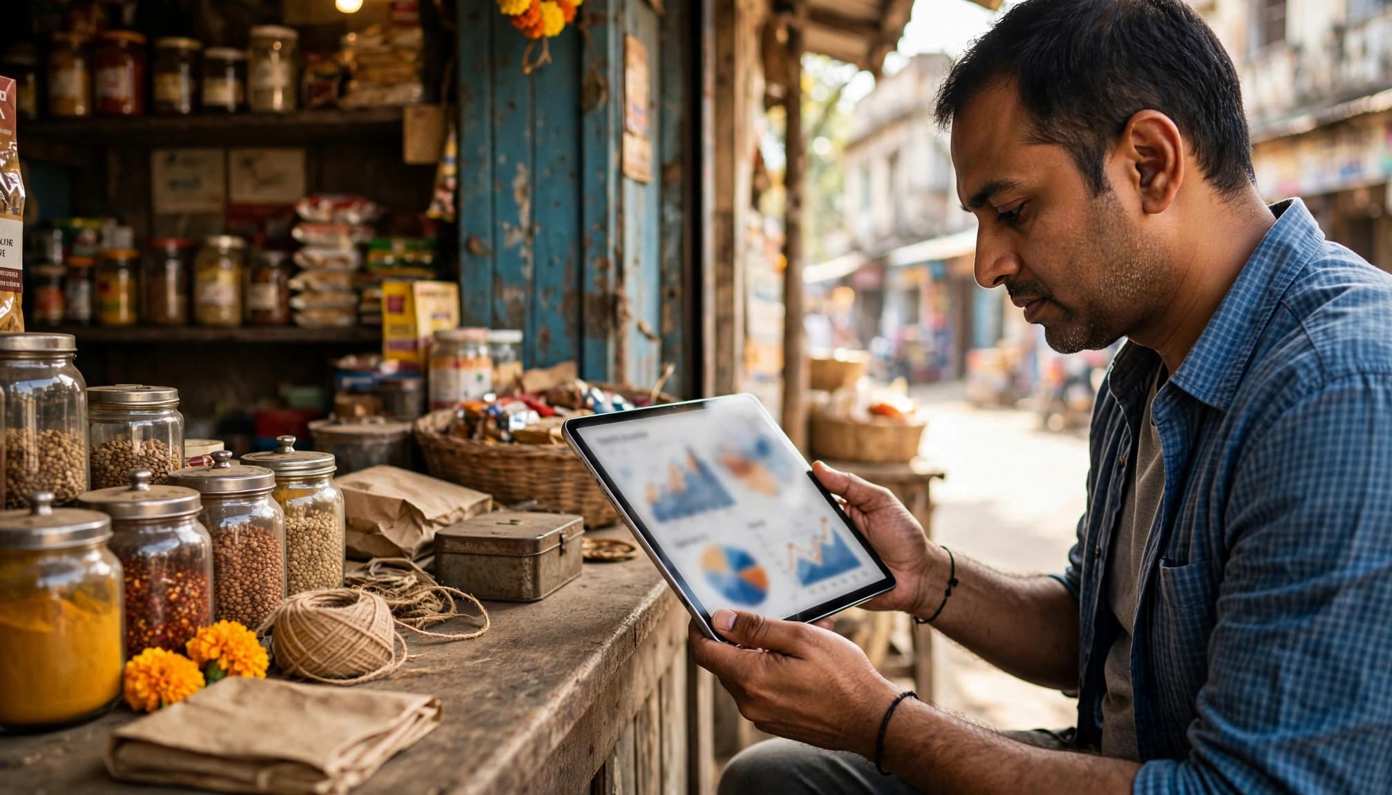 A shop owner checks a tablet beside a storefront counter in warm daylight.