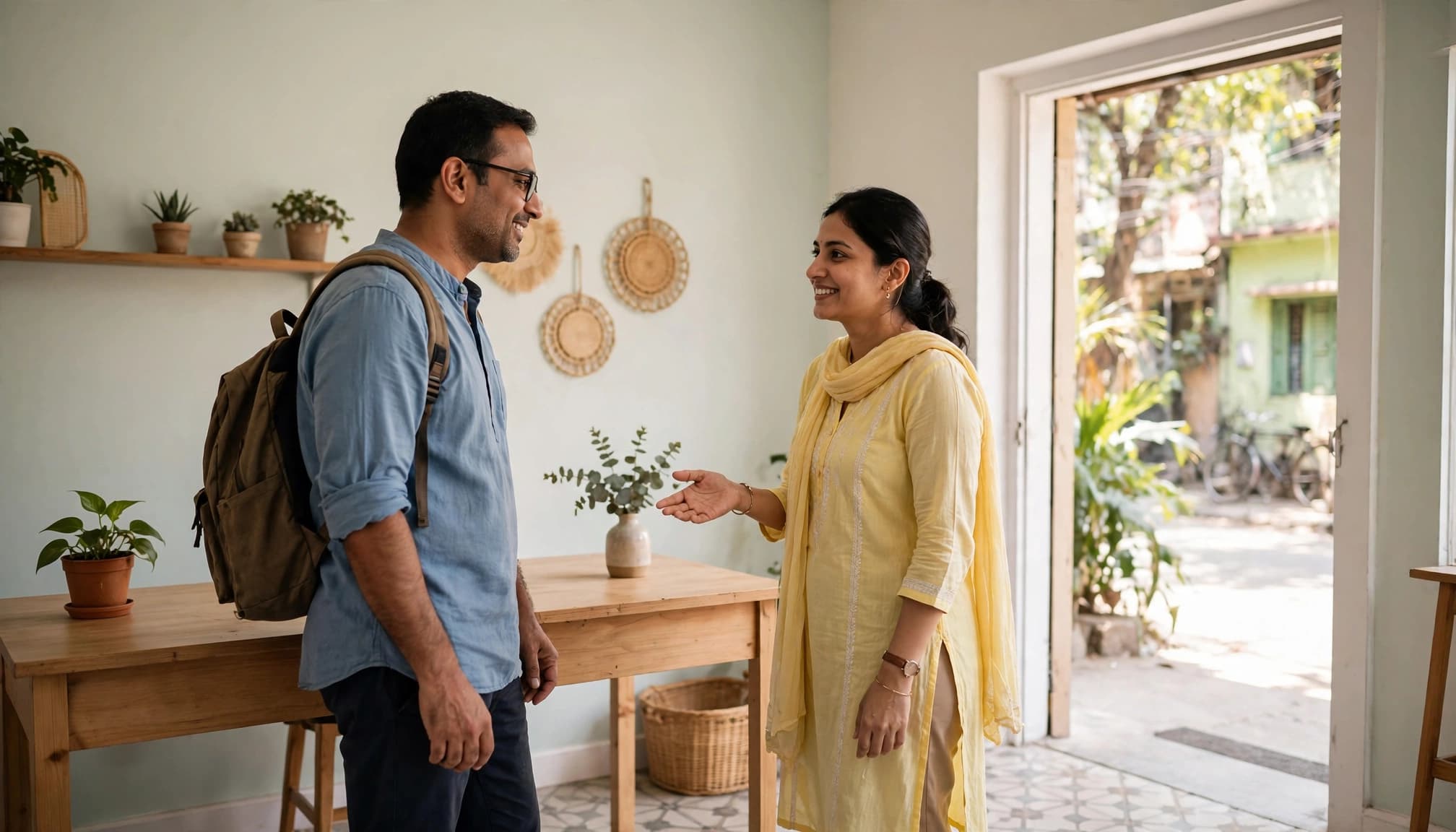 A parent and tutor greet each other by a reception desk at an open doorway.