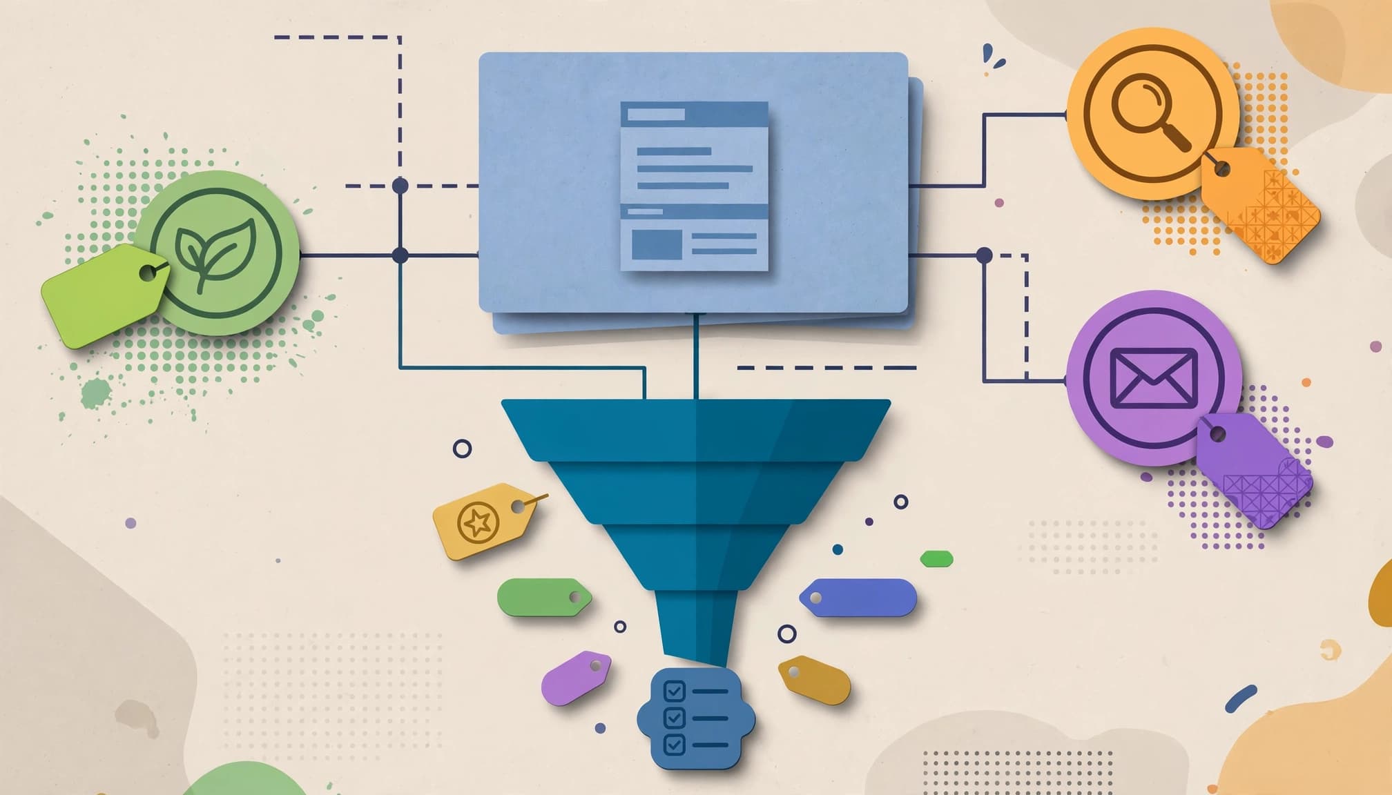 A landing page card connects three channel markers to a small form icon.