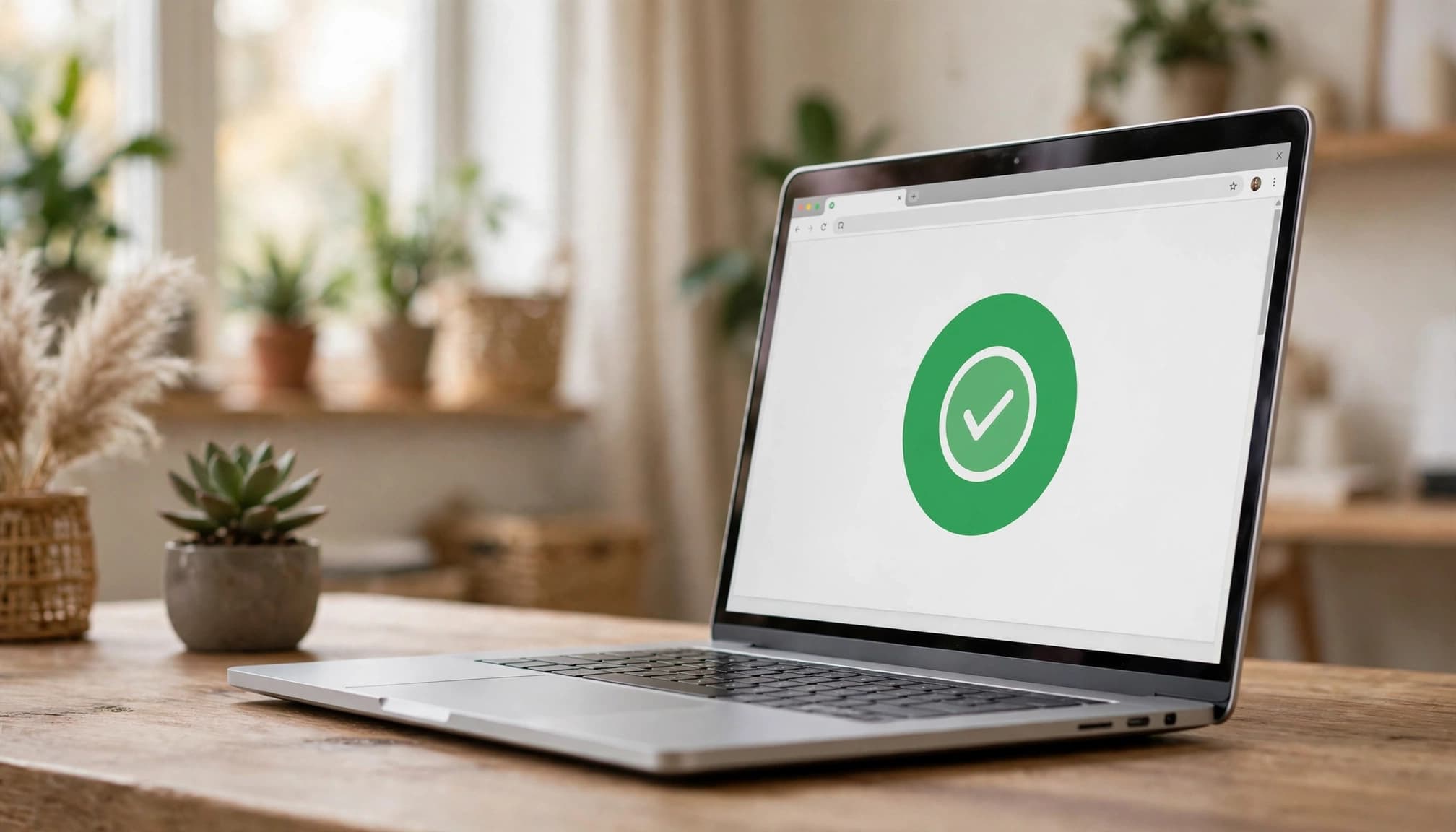 A laptop displays a green success icon on a confirmation page.