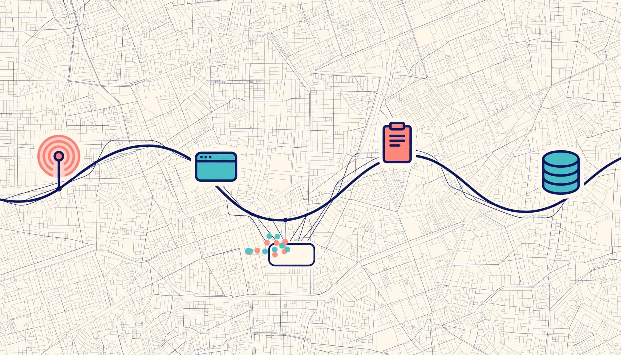 One lead path connects a campaign source, landing page, form, and CRM with attached colored markers.
