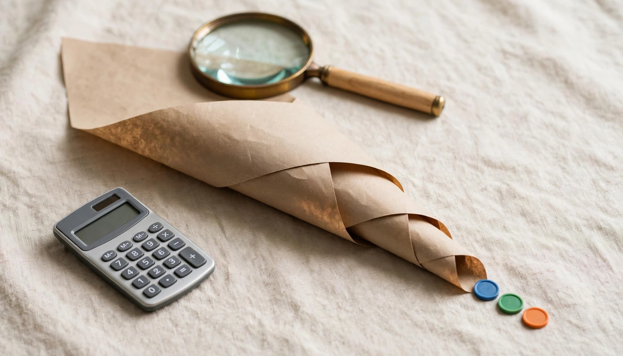 A paper funnel, magnifying glass, calculator, and three colored tokens sit on a tabletop.