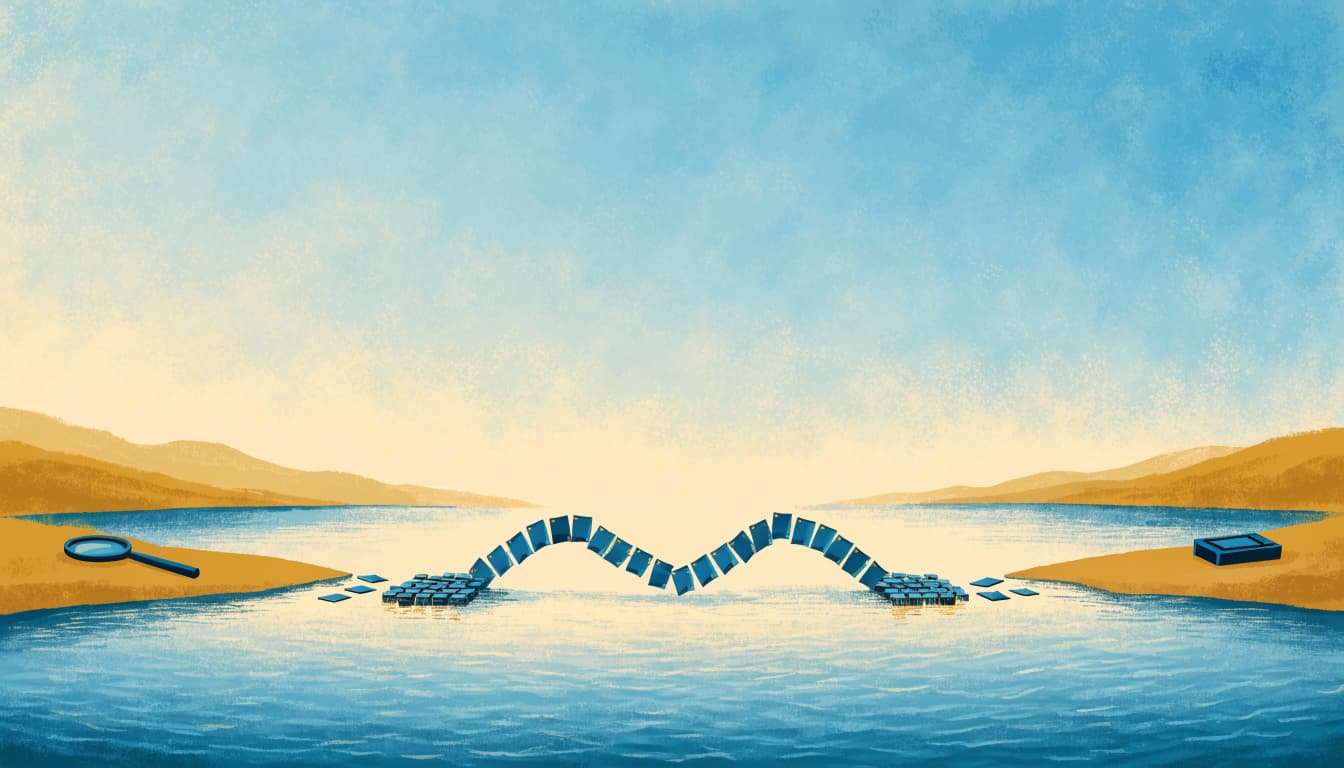 Small cards form a bridge between search and transaction symbols across a river.