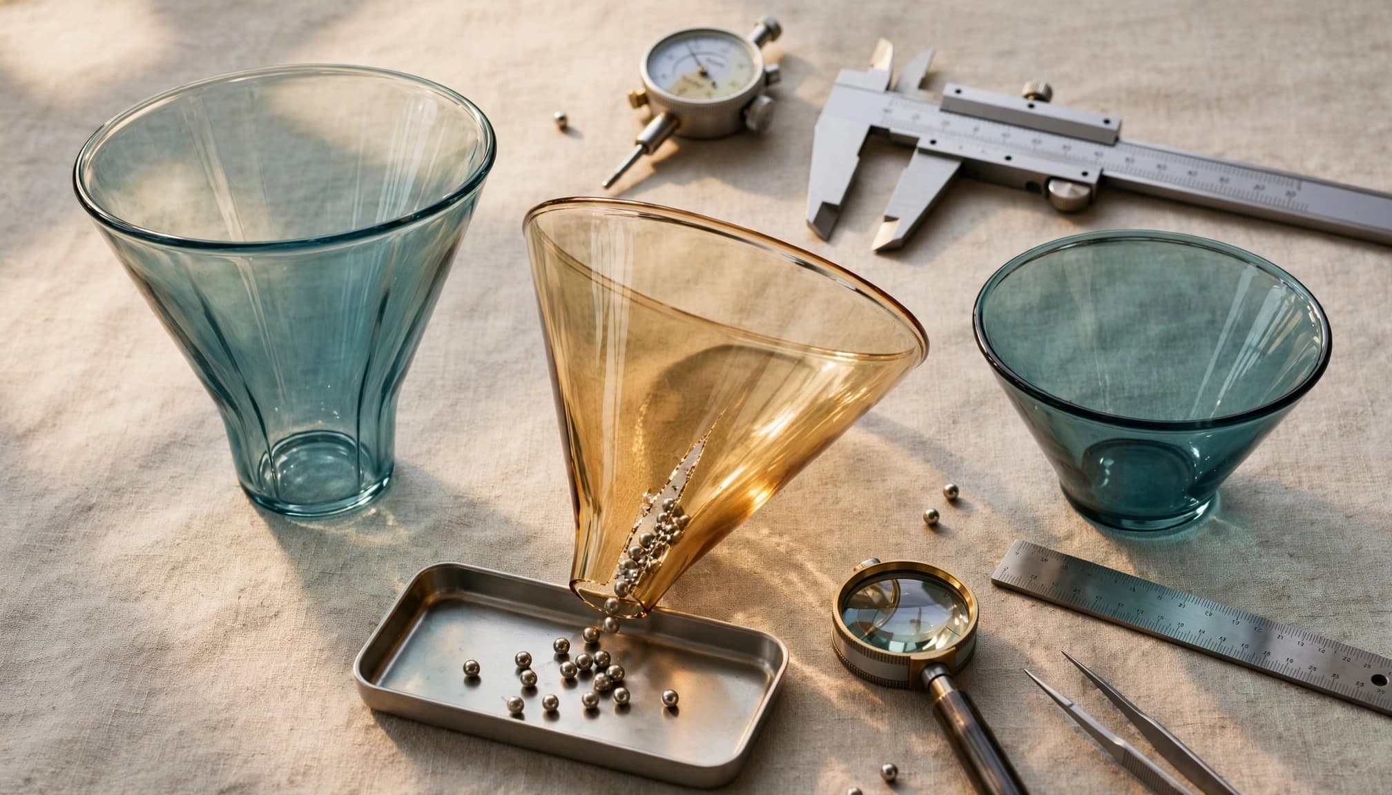 Metal beads escape from glass funnels into a catch tray beside measuring instruments.