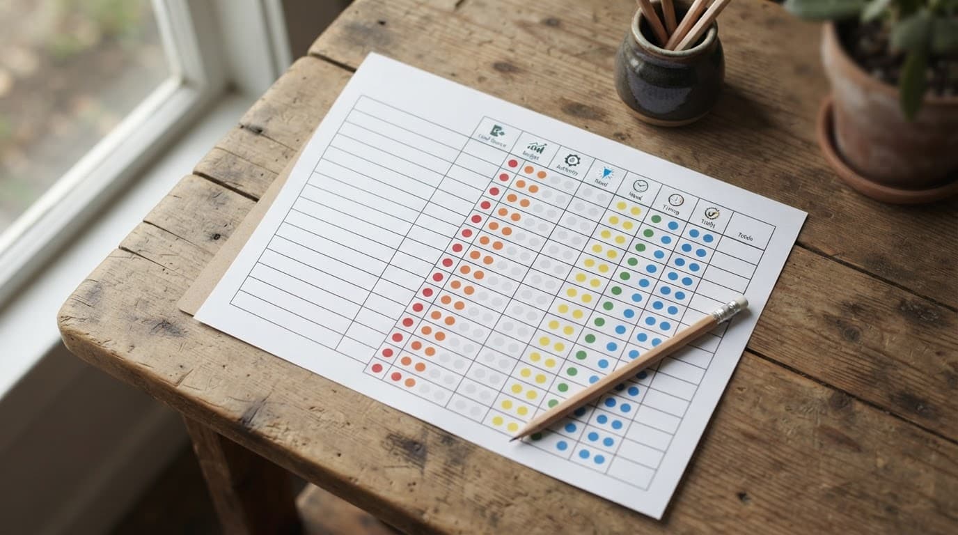 A blank scorecard with colored dots and a pencil on a counter.