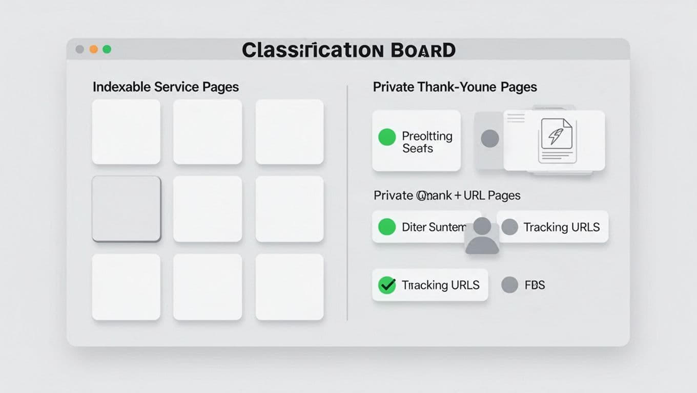 A board sorts service, thank-you, and tracking page cards by indexability.