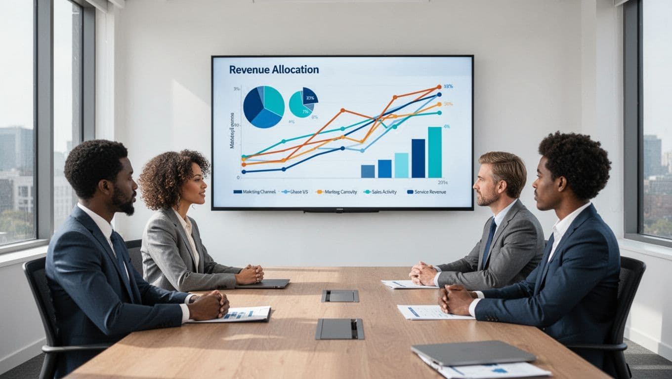 Three business leaders review channel charts on a conference room display.