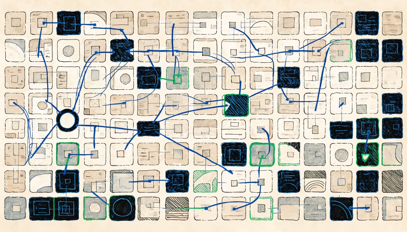Blue and green page tiles connect directly to matching destination tiles on a blueprint.