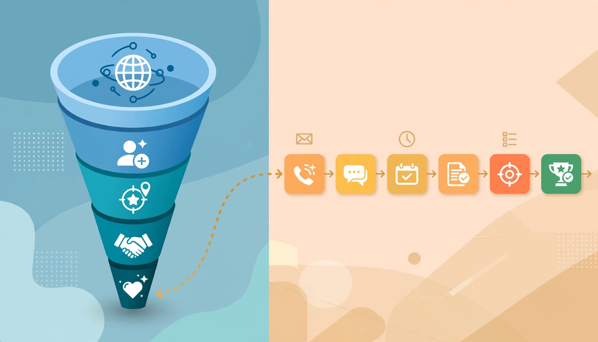 Two connected CRM panels compare a customer journey funnel with sales follow-up statuses.