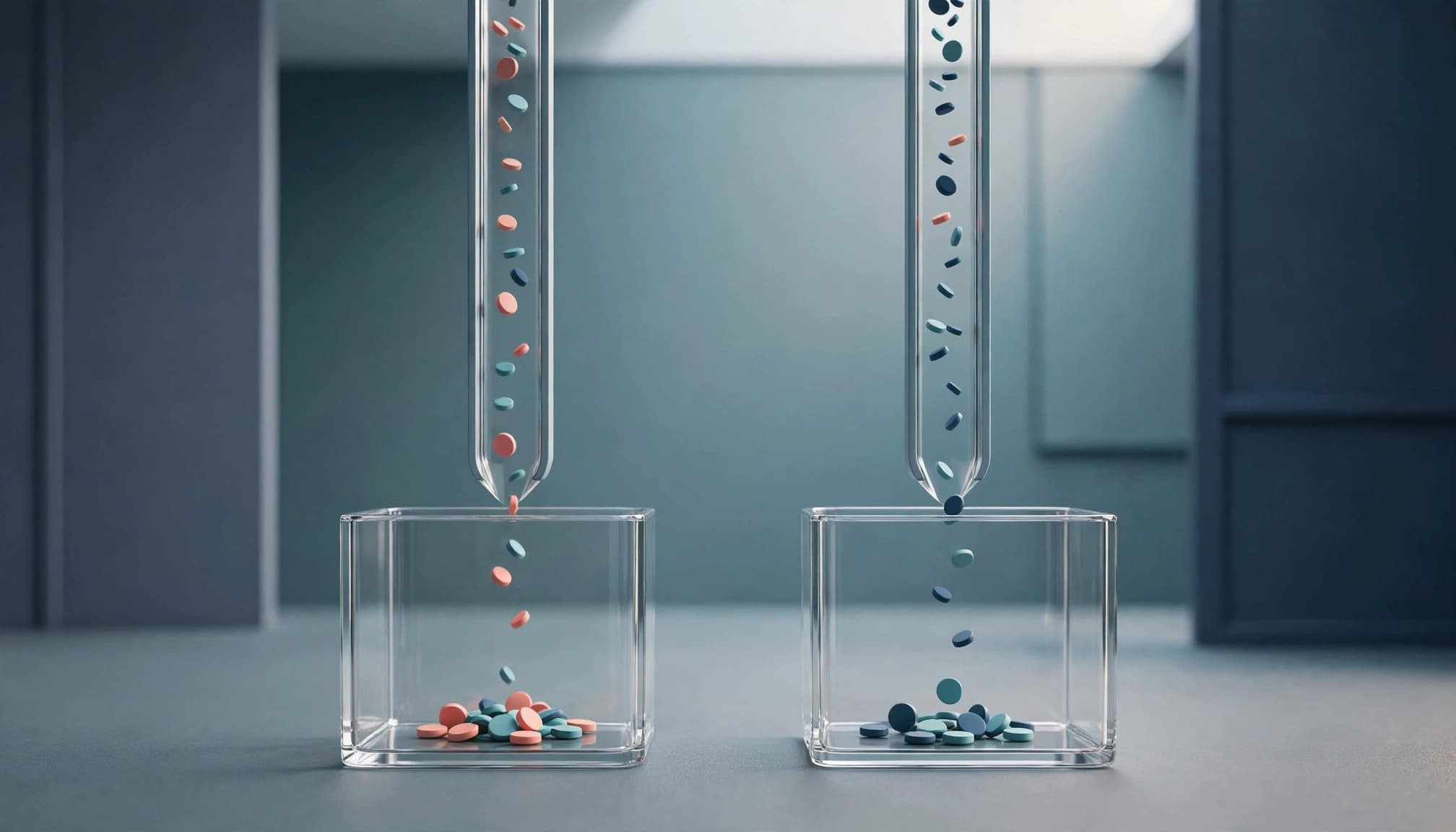 Sparse visitor tokens collect in two transparent containers along separate paths.