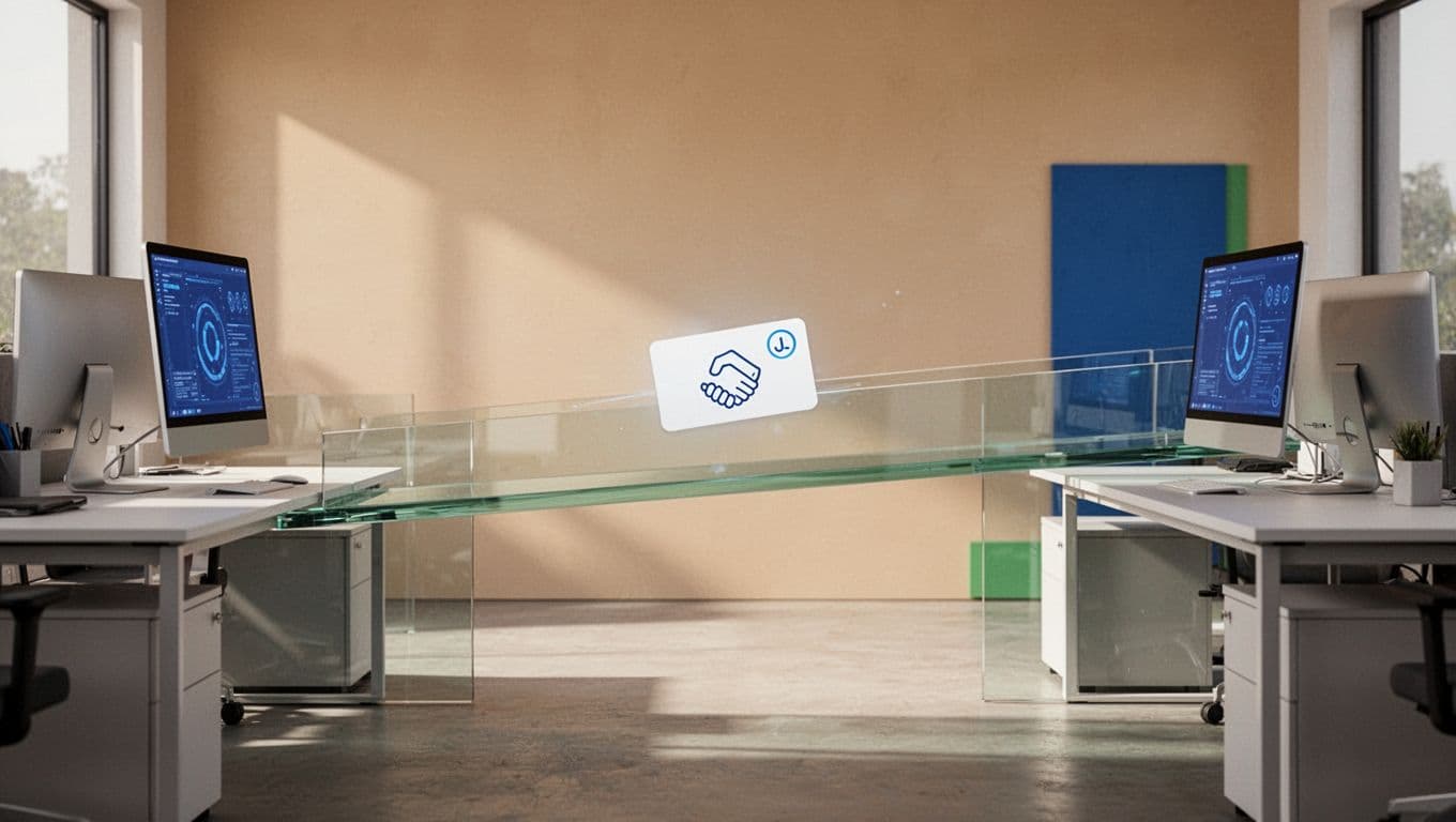 Two workstations pass a blank lead card across a clear bridge.