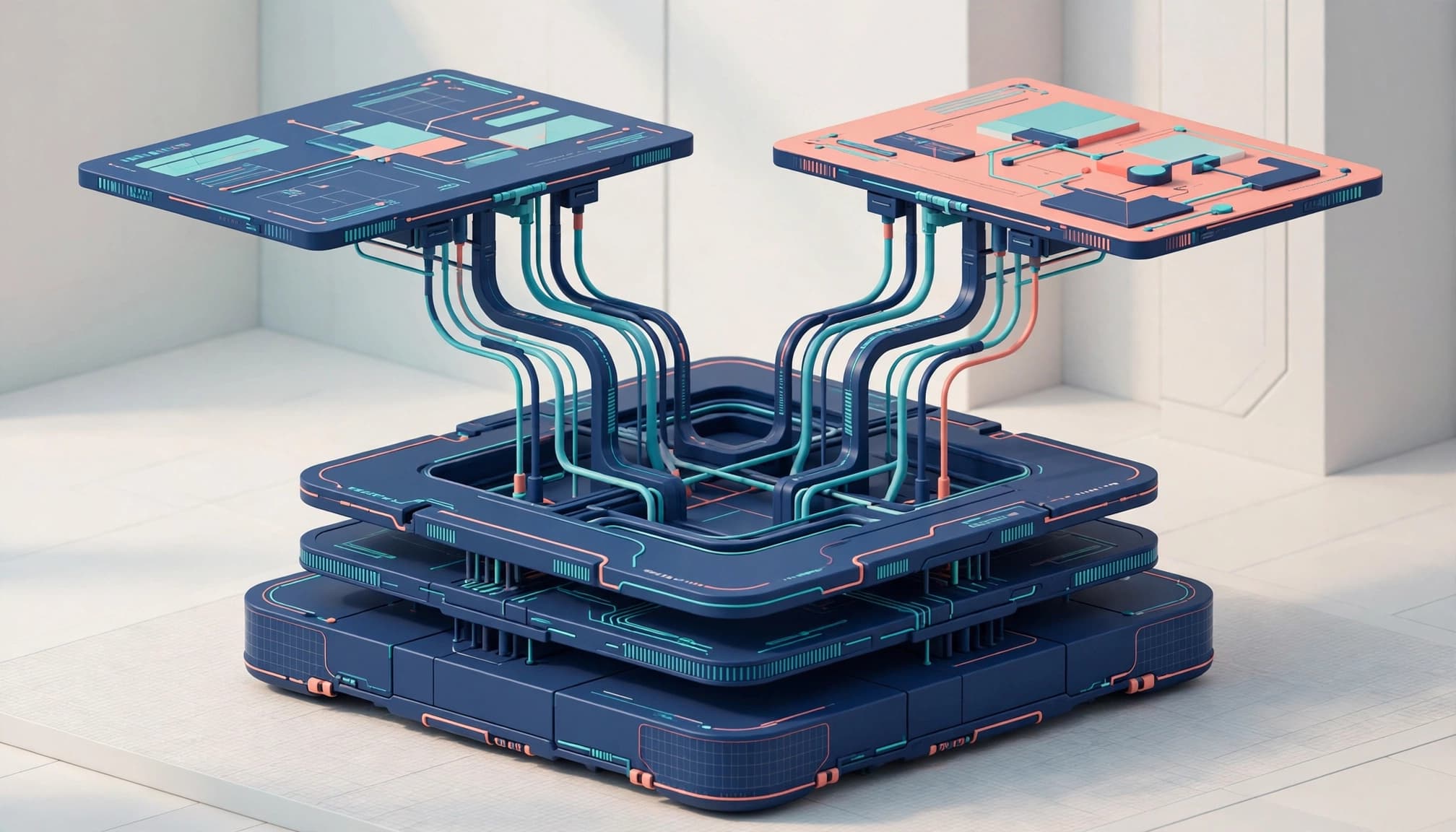 Three connected data layers support two experimental panels in a clean navy and teal studio.