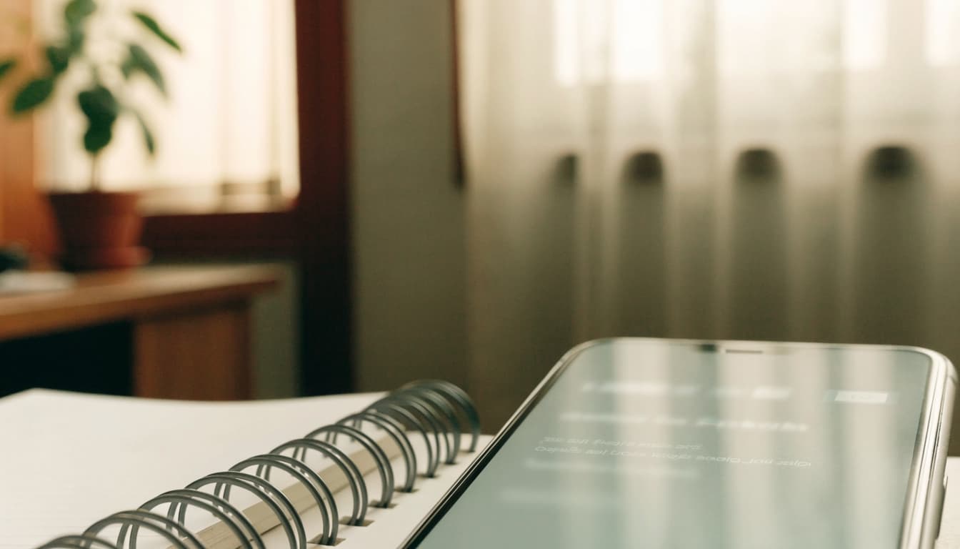 A smartphone beside a notebook and potted plant on a reception counter.