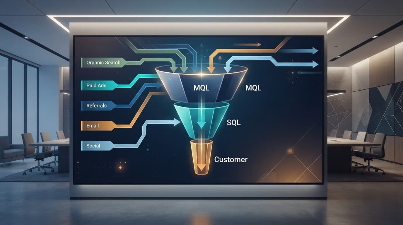 A geometric funnel shows a lead becoming a customer as five colored paths converge.