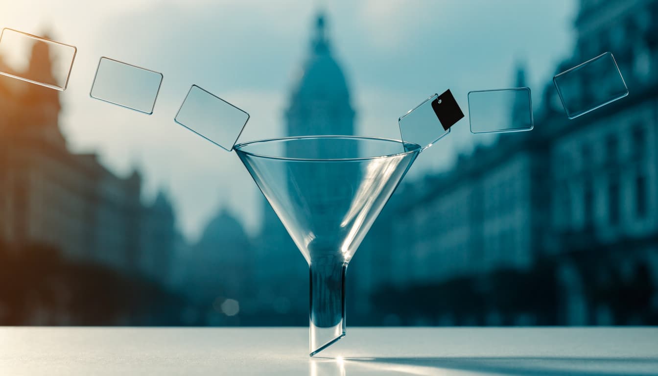 A glass funnel sorts five web page cards, diverting one marked with a dark tag.