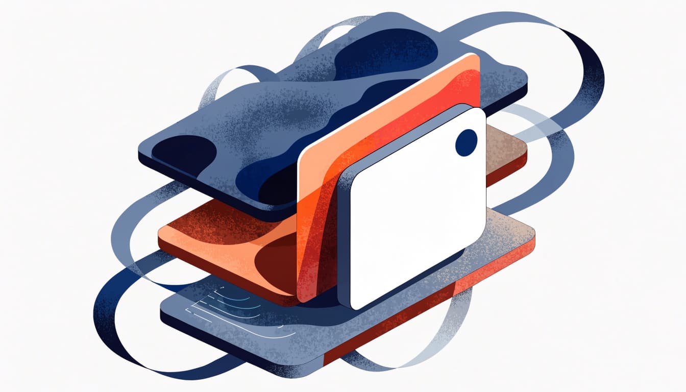 A page card sits between three abstract layers in slate, blue, and rust.