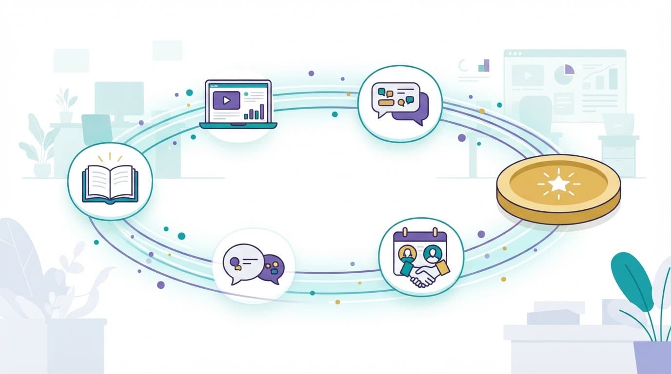 Circular path of learning icons leading to a customer milestone.