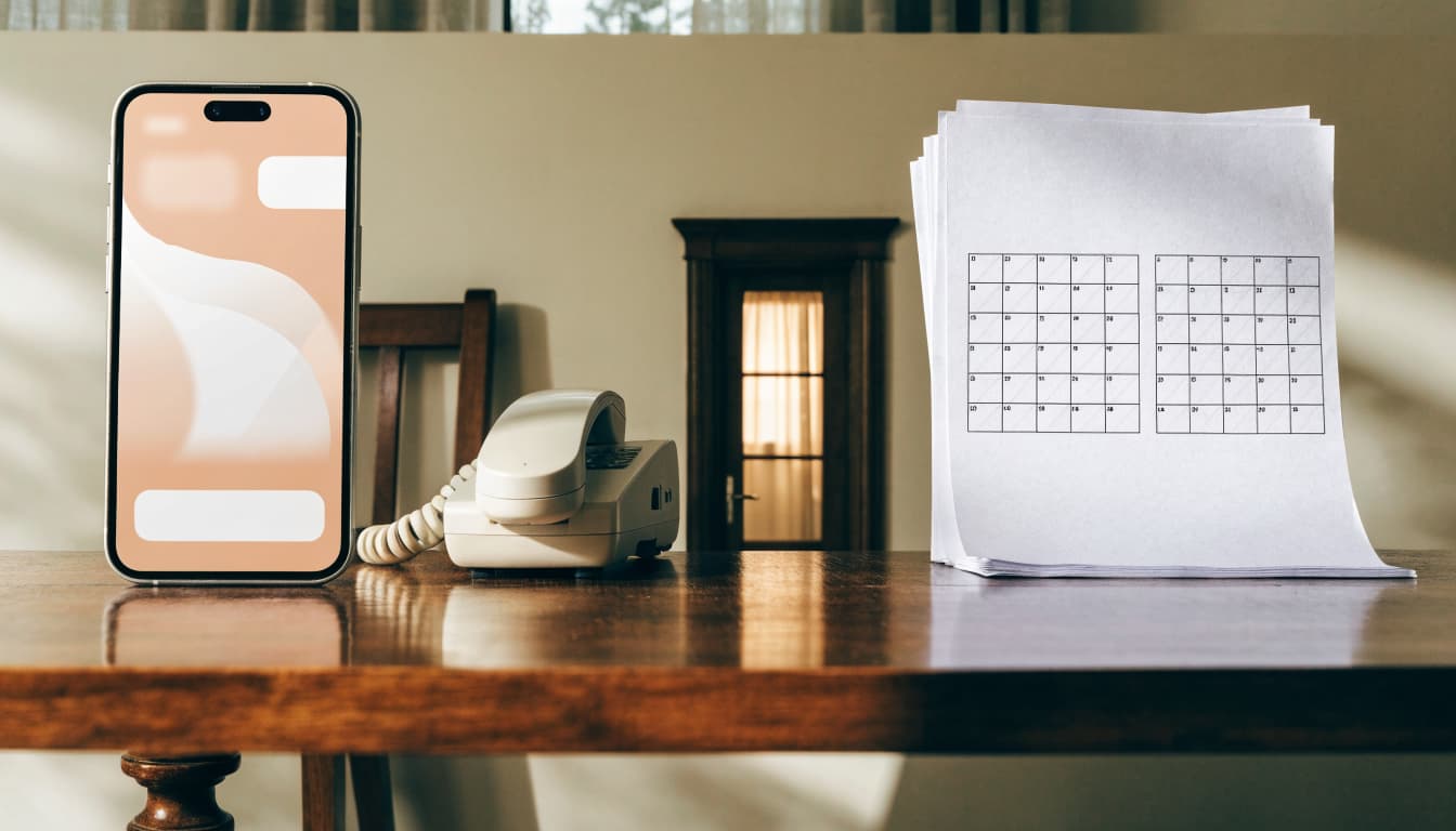 A phone, handset, reception doorway, and blank calendar arranged on an office desk.