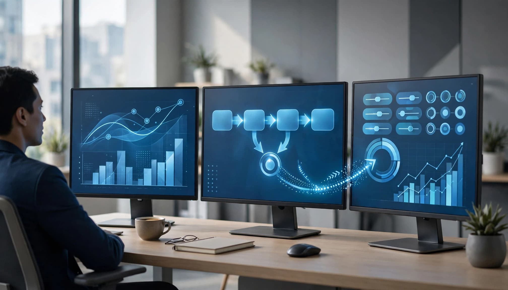 A marketer views CRM stages, bidding controls, conversion arrows, and charts on an analytics workstation.