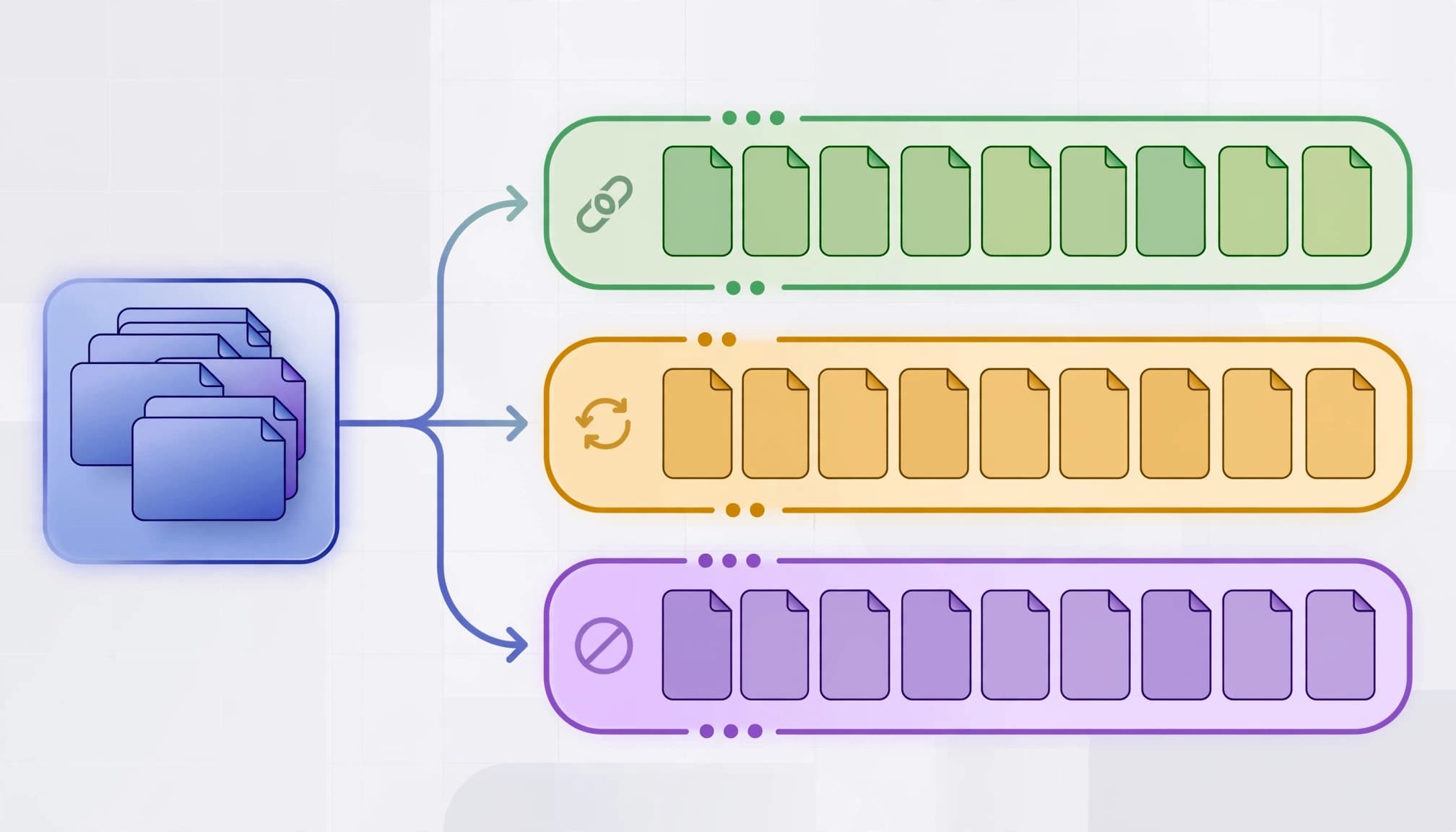Abstract page cards branch into lanes for linking, redirecting, or removing.