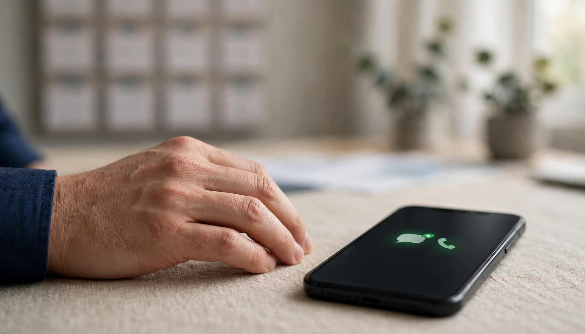 A hand rests beside a phone with an incoming notification in a quiet office.