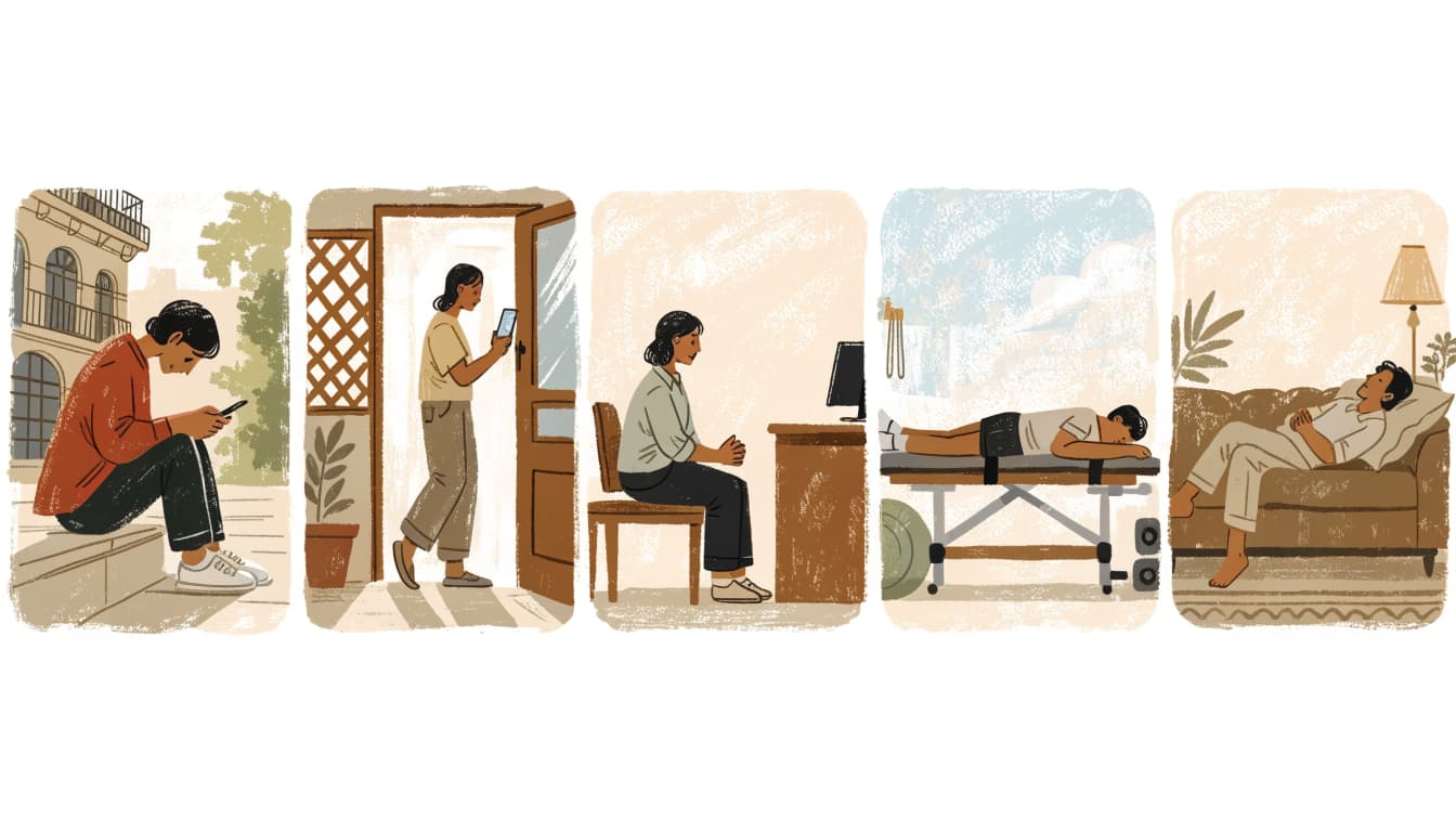 One adult moves from discomfort at home to a first clinic visit and follow-up care.