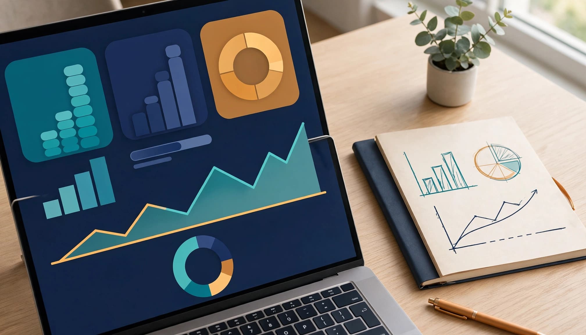 Laptop and notebook beside abstract pipeline and revenue target charts on a modern office desk.
