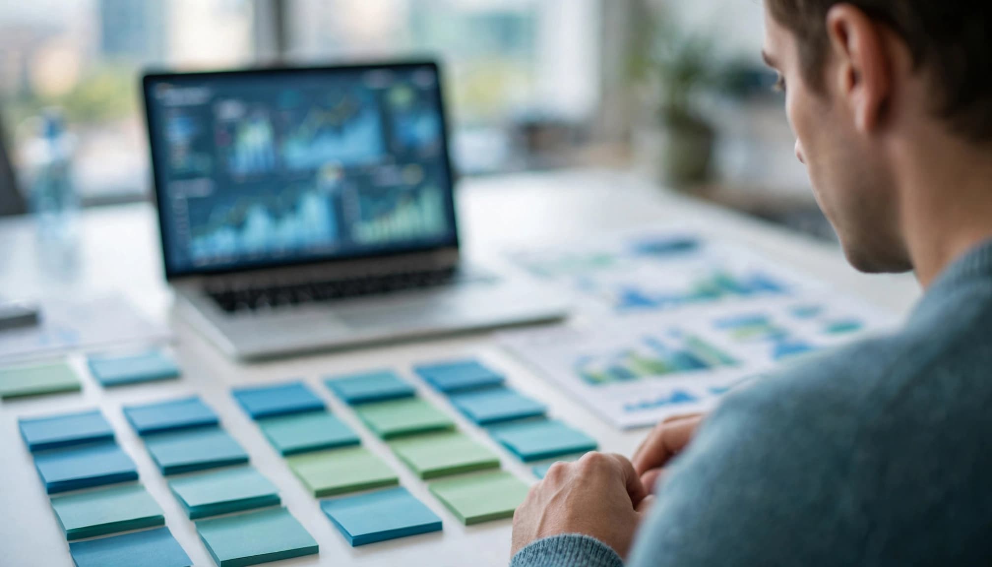 A manager reviews a laptop and paper sales forecast with blurred pipeline columns.