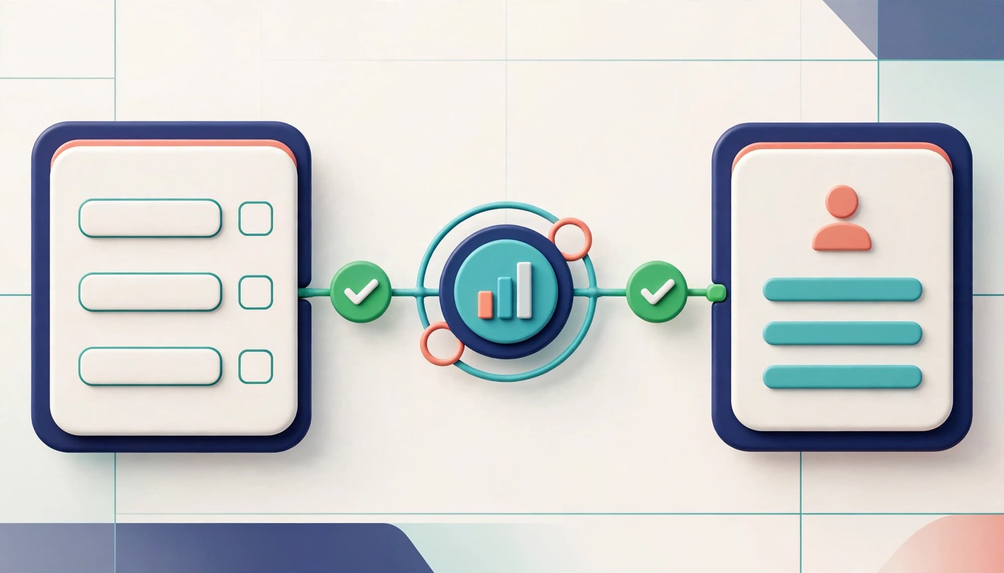 A landing form connects through analytics to a CRM record with three green checks.