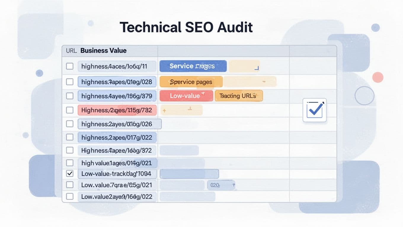 Spreadsheet groups valuable service pages above lower-priority tracking URLs with a checklist icon.