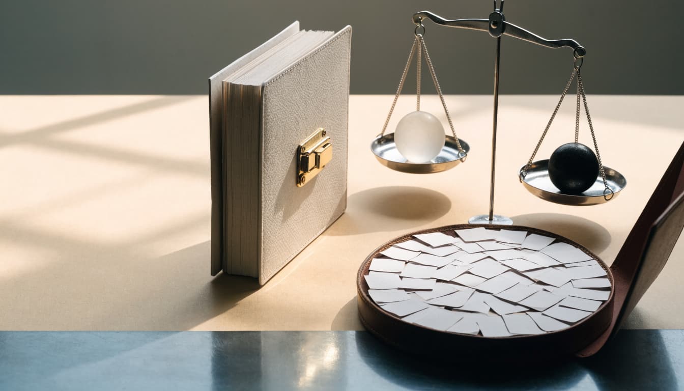 A locked wallet, token balance scale, and account dossier arranged on a table.