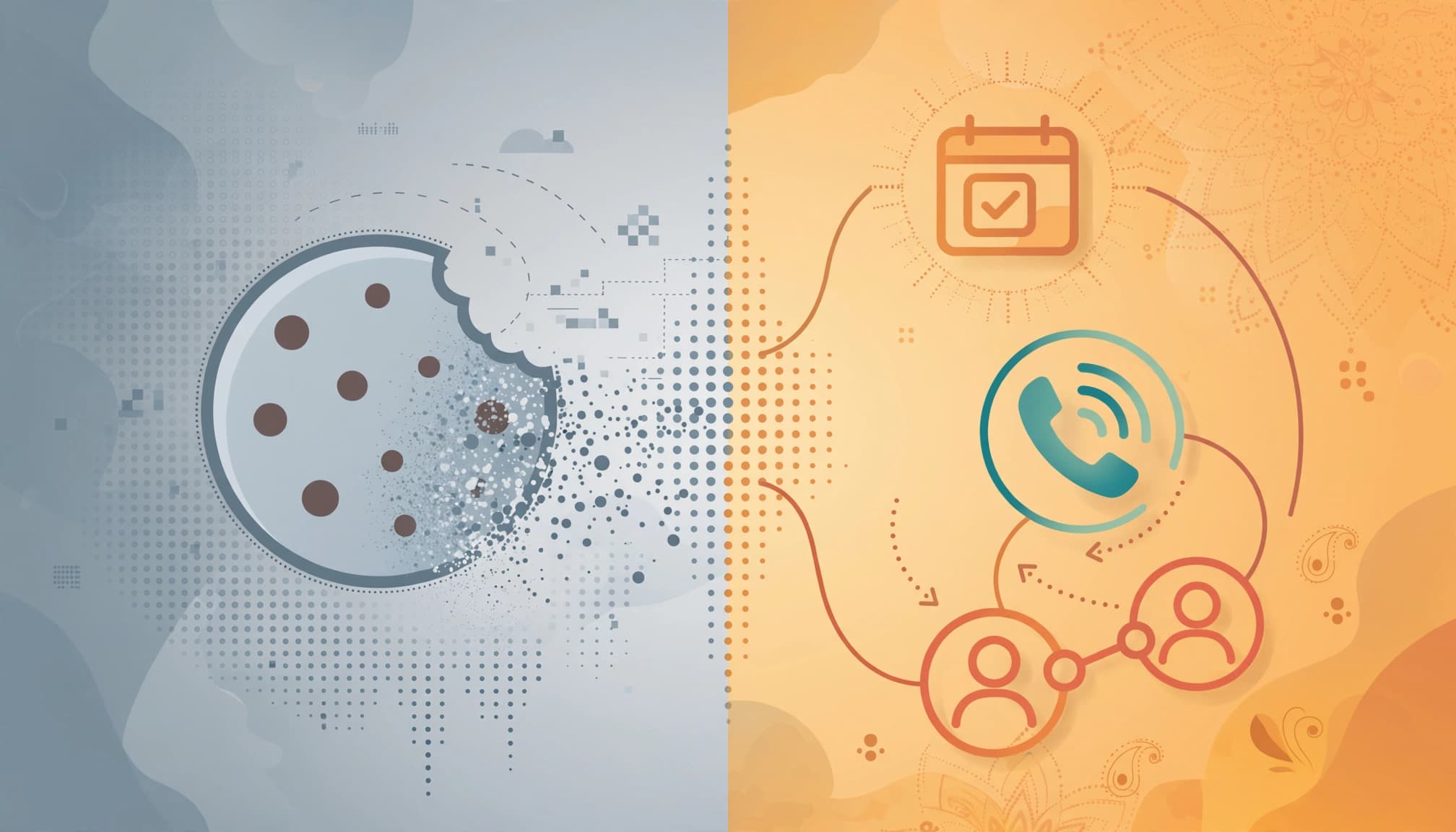Split illustration showing a fading cookie icon and direct booking, phone, and referral symbols.