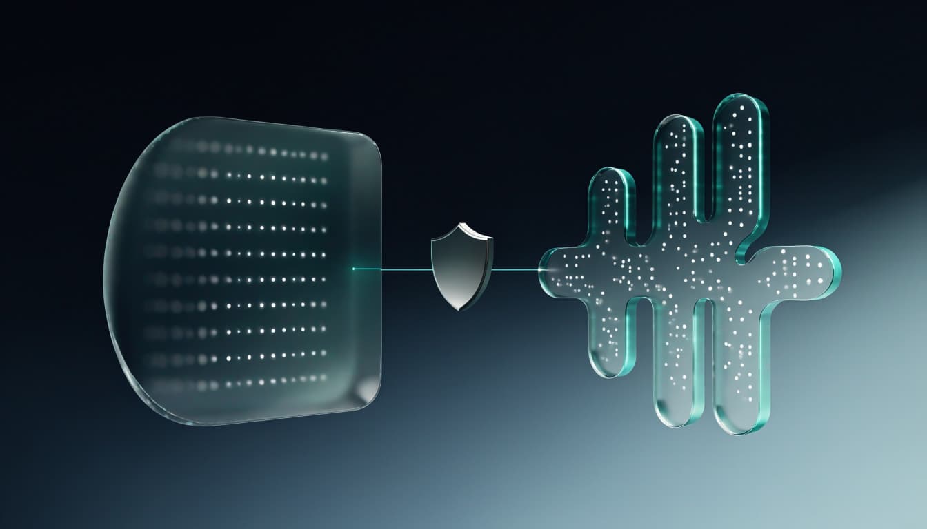 A CRM card connects hashed data dots to a conversion signal, with a small shield nearby.