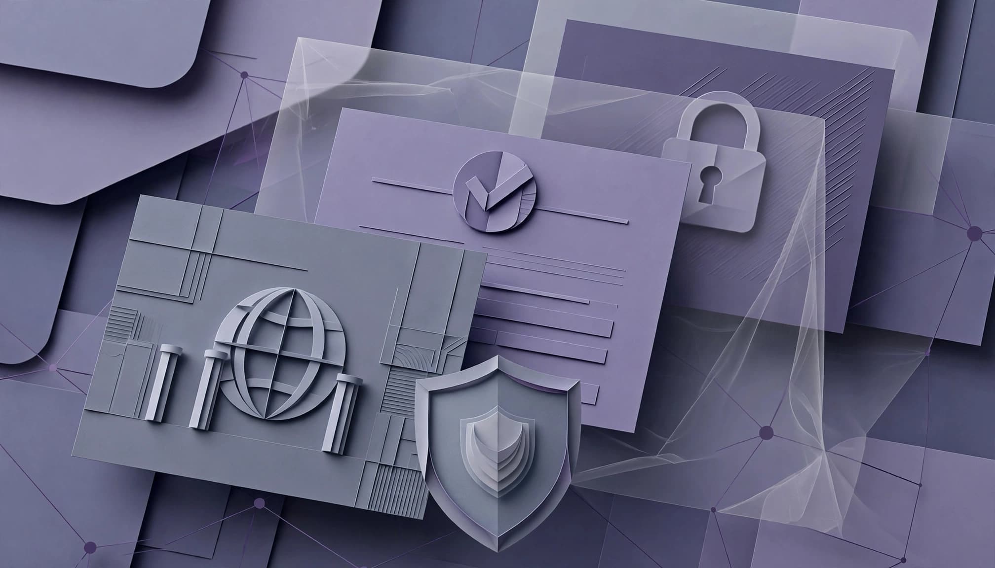 Three staggered page cards sit behind a translucent screen, with a shield in front.