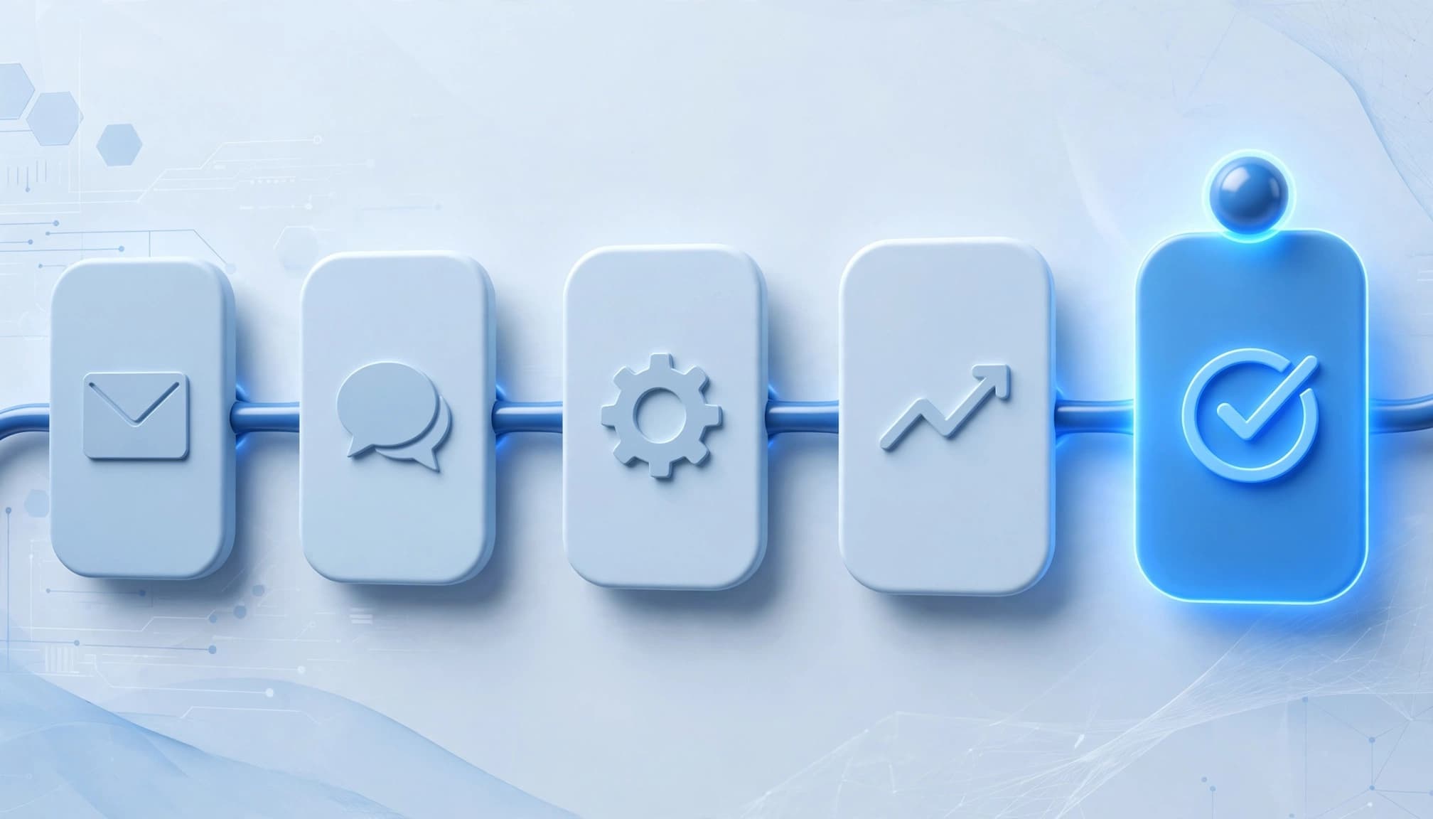 A single marker moves through connected CRM cards toward a sales-qualified stage.