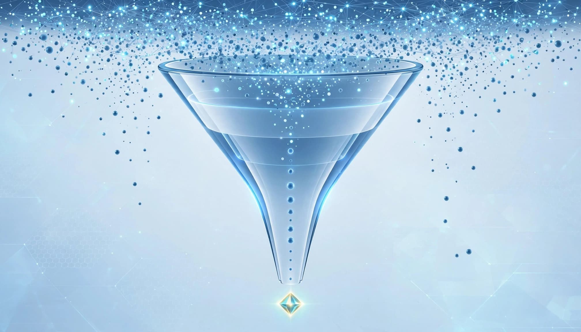 A blue marketing funnel narrows from ad impressions to one qualified lead marker.