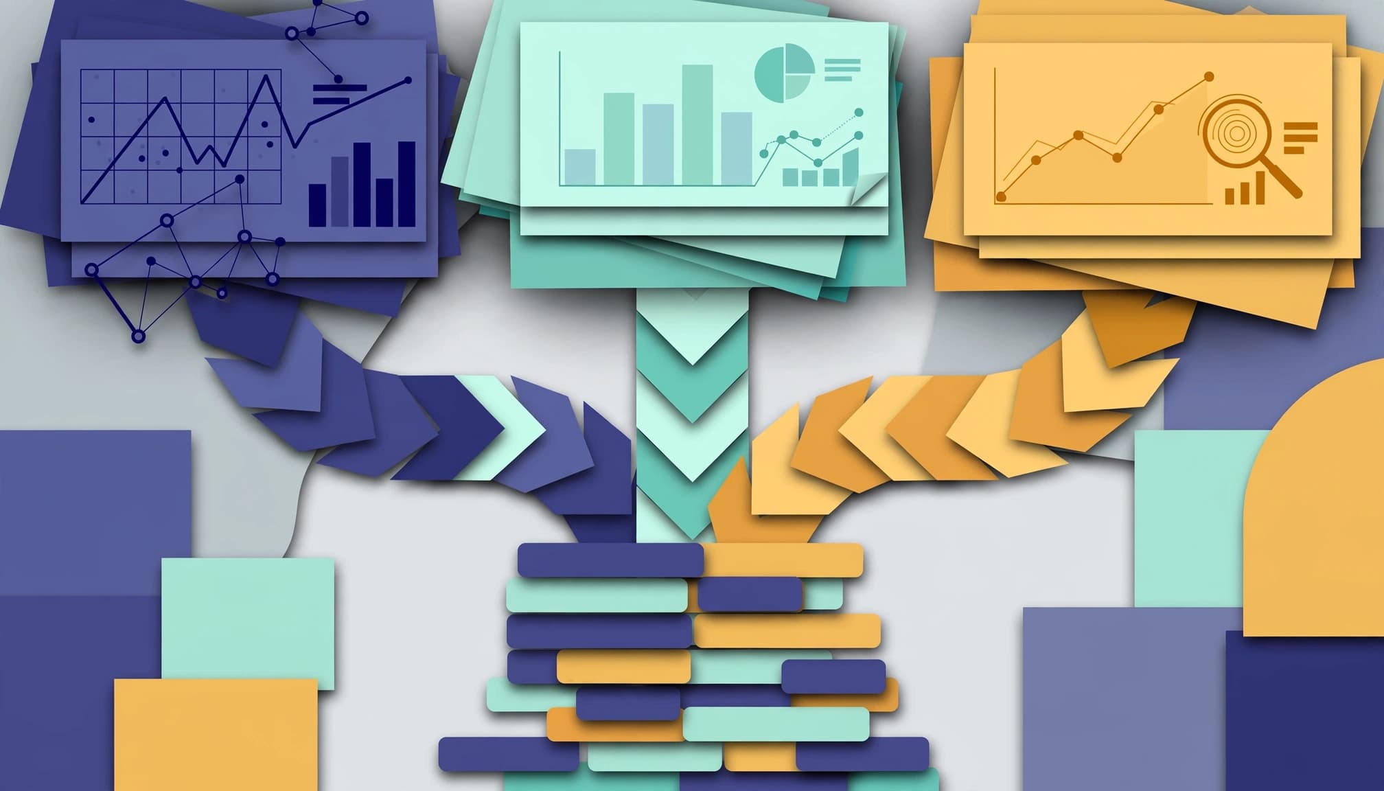 Three chart-filled reports flow into a prioritized list of colored blocks.