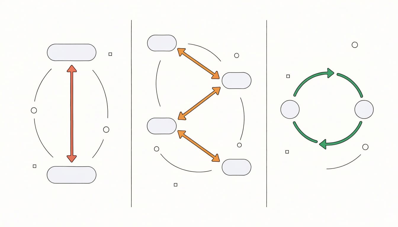 Three panels show a direct route, a multi-hop path, and a circular loop.