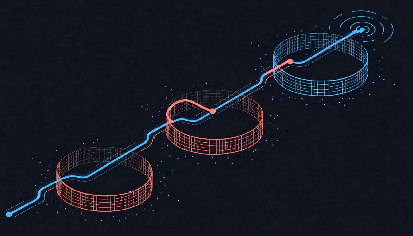 A cyan route links three server nodes to a final point.