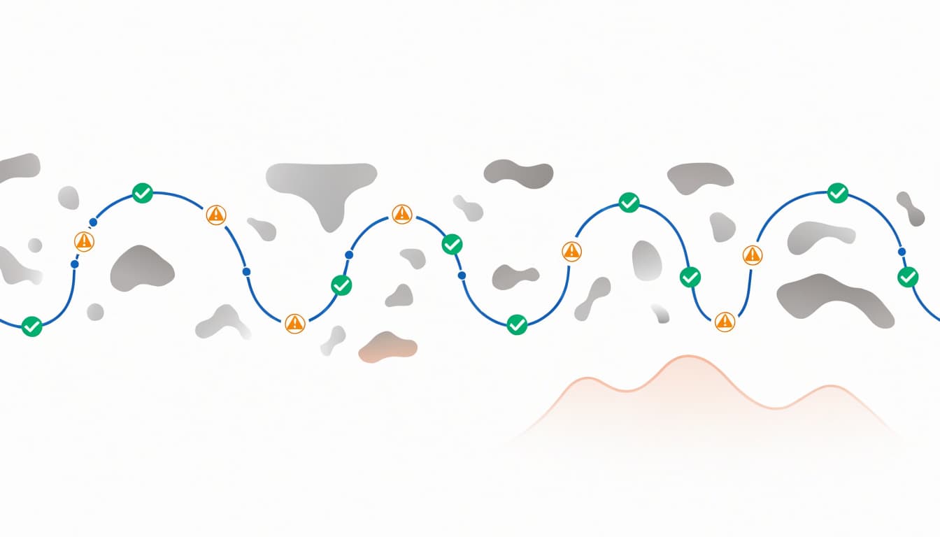 A branching timeline shifts from warning dots to green checks above a rising traffic line.