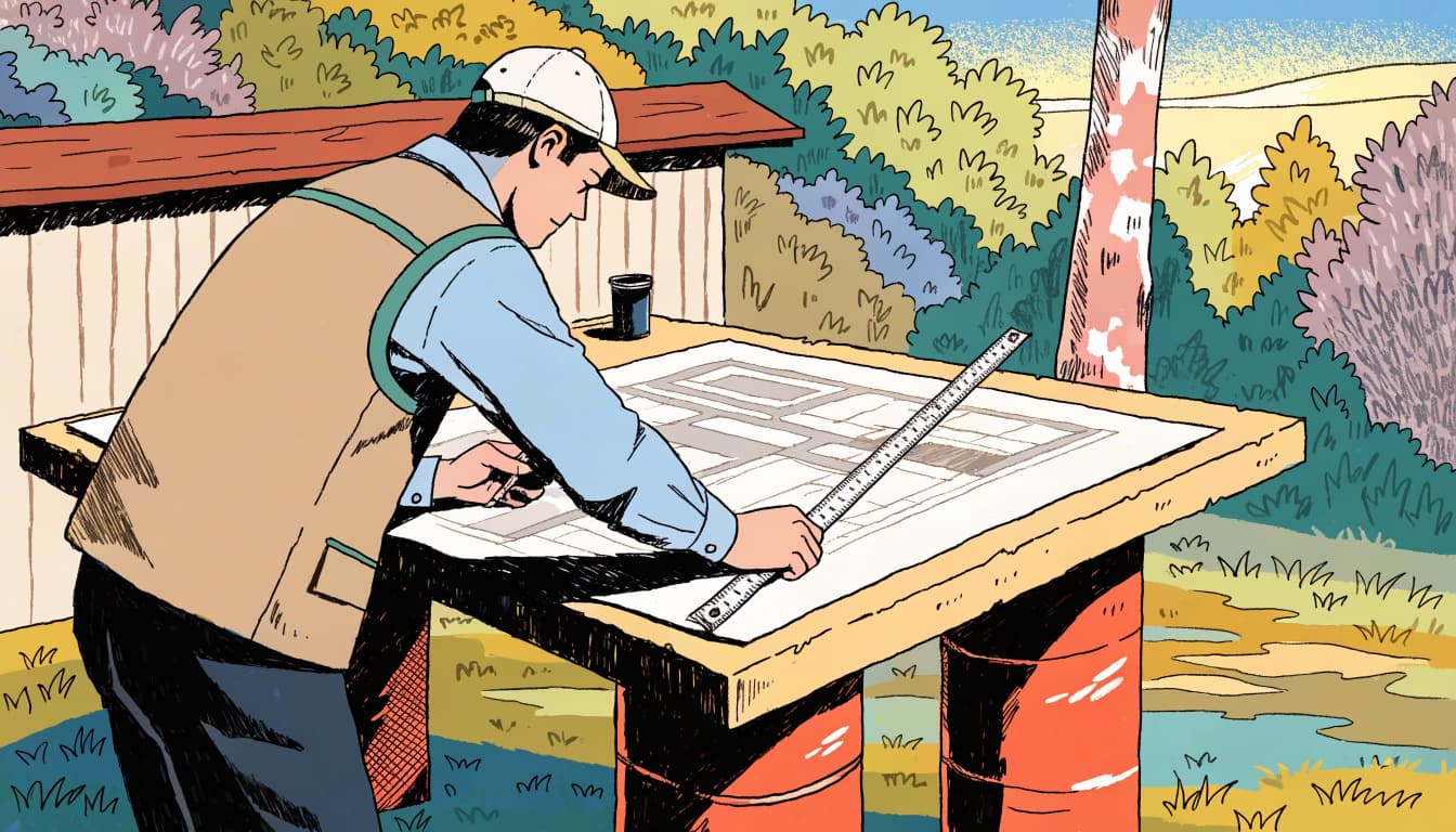 An estimator studies a residential site plan beside a measuring tape and tools.