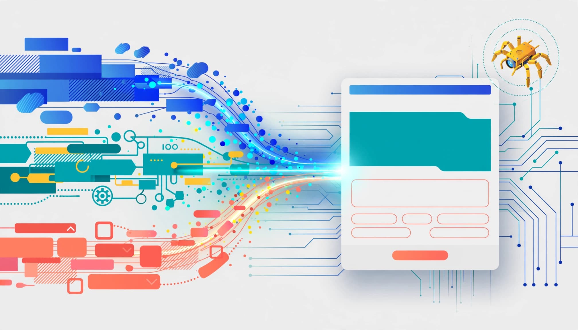 CSS and JavaScript streams feed a webpage while one crawler inspects it.